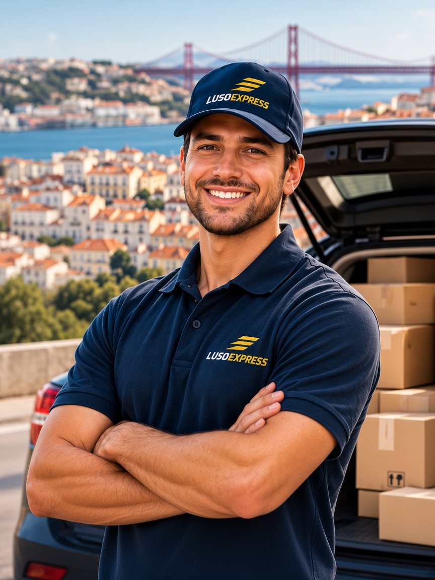 Estafeta da LusoExpress, de boné e polo azul-marinho com a logo, de braços cruzados junto à bagageira de uma carrinha com encomendas.